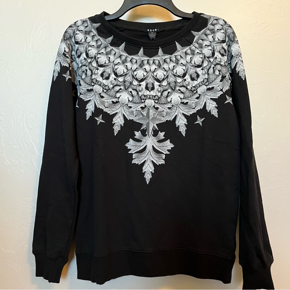 NWT KSUBI Cult Crest Skull Raglan Sweatshirt Black XS Acubi As Seen on Lord